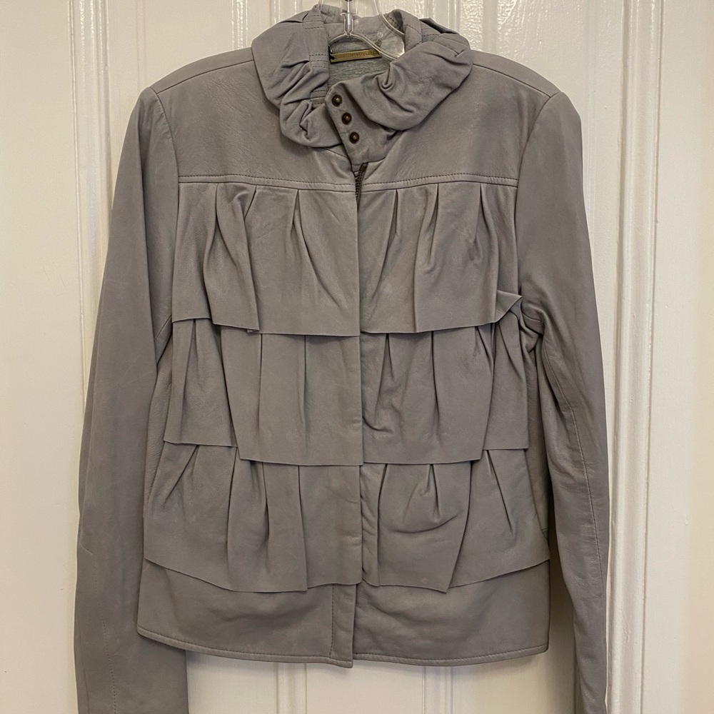 DVF tiered ruffle leather jacket, gray, size 6